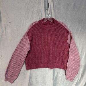 Vans Sweater Womens Small Pink Colorblock Chunky Knit Mock Neck Cozy Pullover
